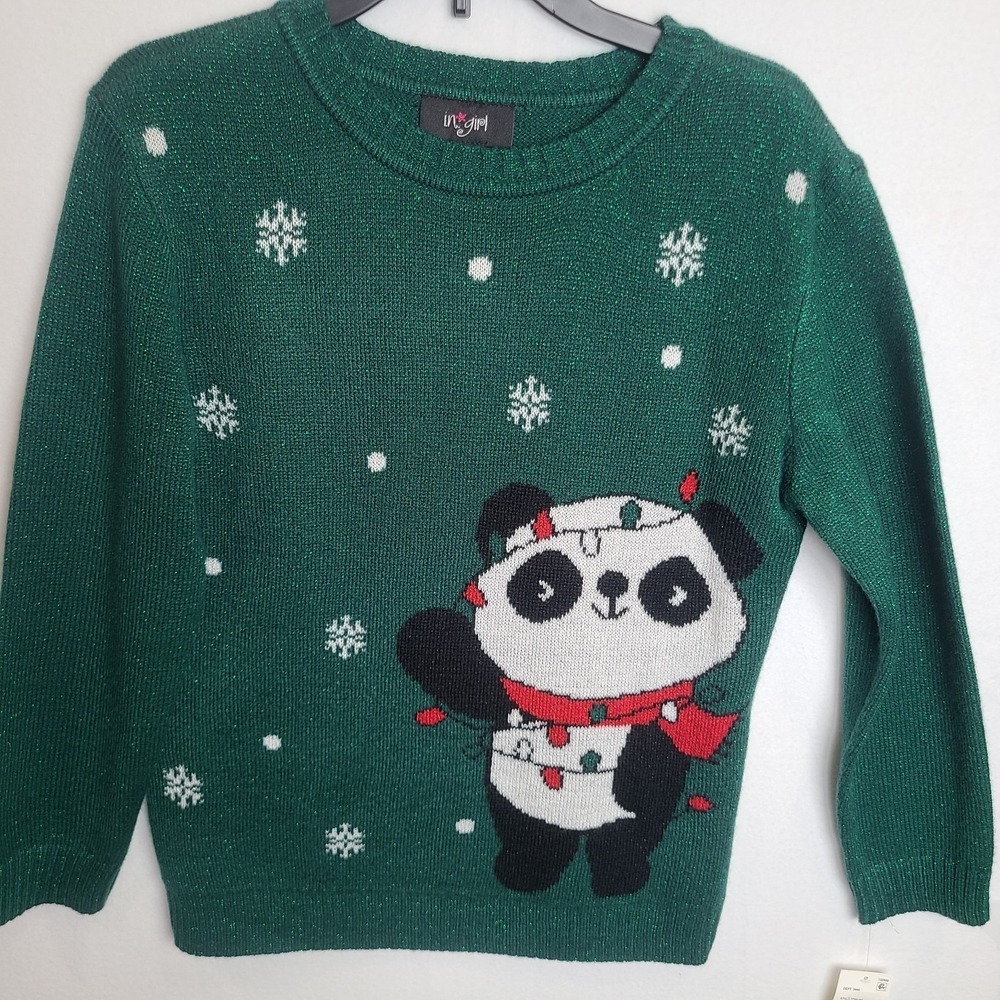 I.N. Girl Green Pullover Sweater XL 16 Panda Holiday Christmas Lights